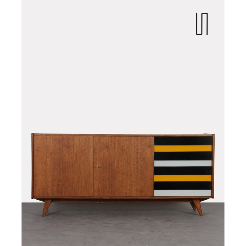 Vintage wooden sideboard with yellow and black drawers by Jiri Jiroutek 1960s