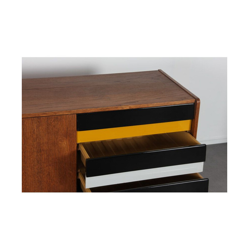 Vintage wooden sideboard with yellow and black drawers by Jiri Jiroutek 1960s