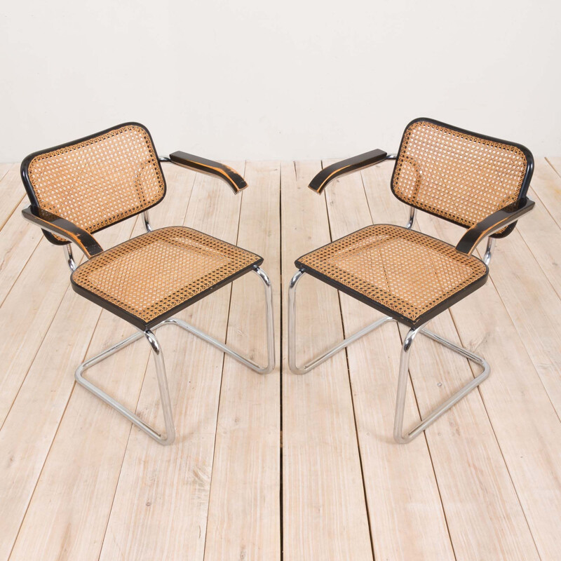 Pair of vintage B64 Cesca Armchairs with armrests by Marcel Breuer for Gavina 1970s