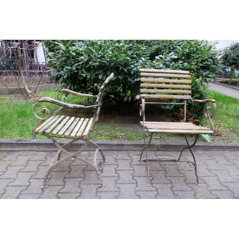 Pair of vintage Cast Iron Patinated Garden Armchairs with Scroll Arms