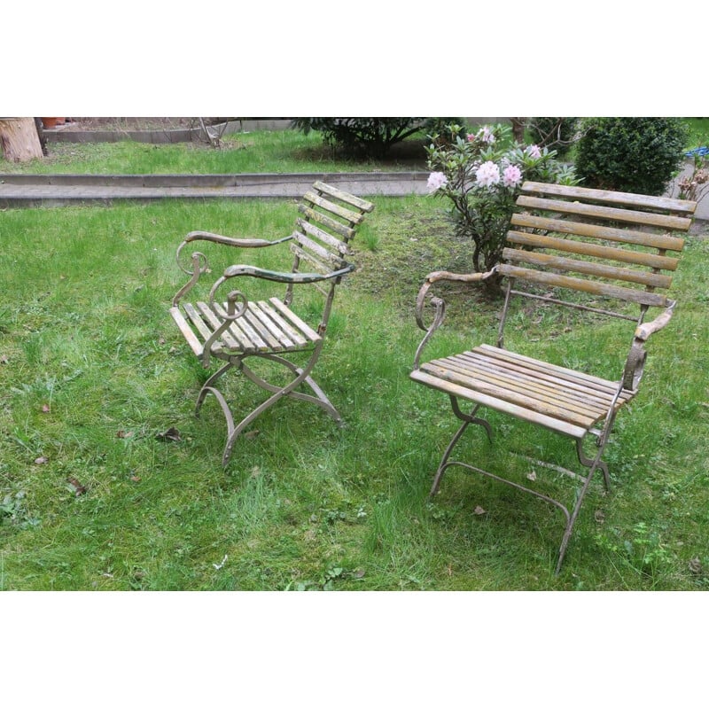 Pair of vintage Cast Iron Patinated Garden Armchairs with Scroll Arms