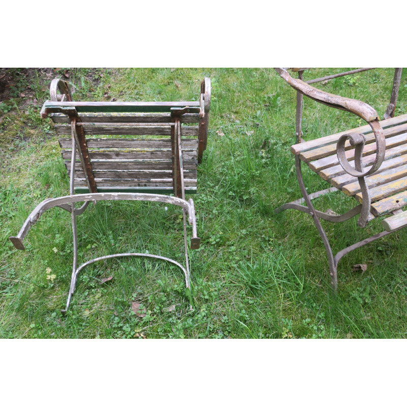 Pair of vintage Cast Iron Patinated Garden Armchairs with Scroll Arms