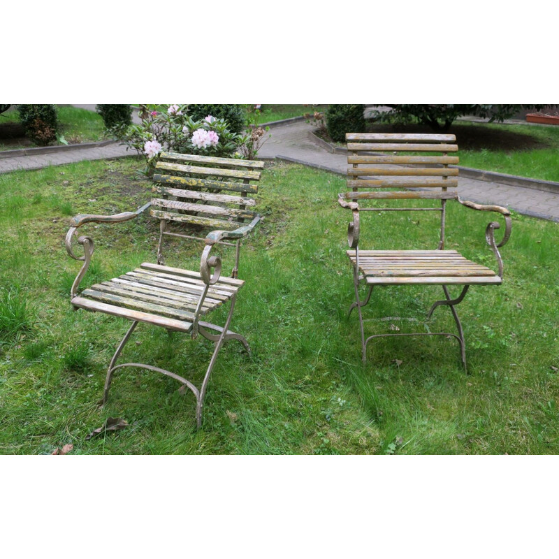 Pair of vintage Cast Iron Patinated Garden Armchairs with Scroll Arms