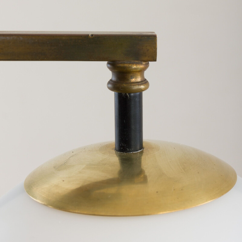 Vintage geometric floor lamp to Stilnovo mahogany brass and opaline glass, Italian