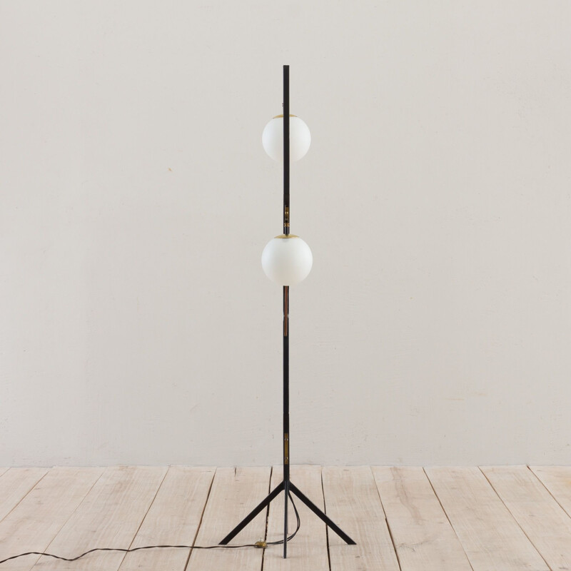 Vintage geometric floor lamp to Stilnovo mahogany brass and opaline glass, Italian