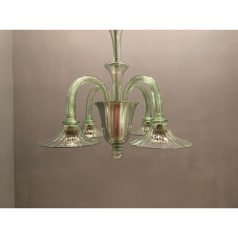 Lustre vintage en verre de Murano vert par Paolo Venini 1940