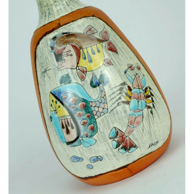 Vase vintage coccio couvert de cuir peint à la main motif fantaisie, Italie 1950