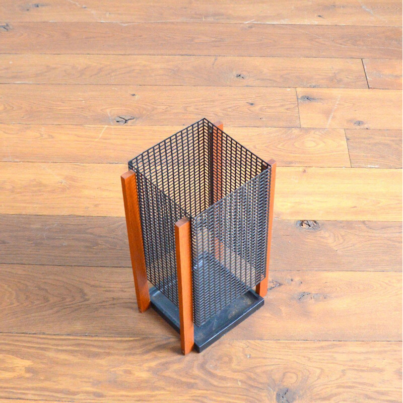 Vintage metal and teak umbrella stand, Scandinavian 1950s