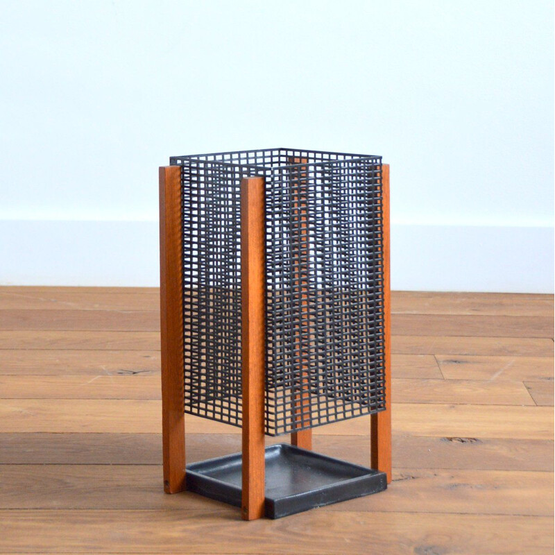 Vintage metal and teak umbrella stand, Scandinavian 1950s