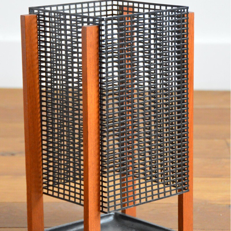 Vintage metal and teak umbrella stand, Scandinavian 1950s