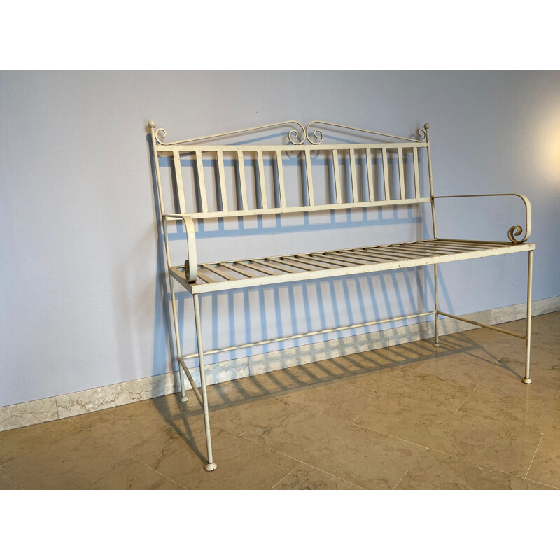 Vintage Wrought iron garden bench in white color, Italy 1970s