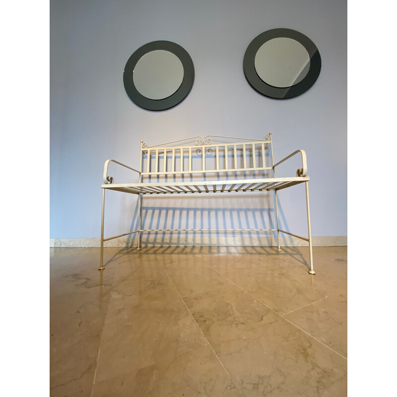 Banc de jardin vintage en fer forgé de couleur blanche, Italie 1970