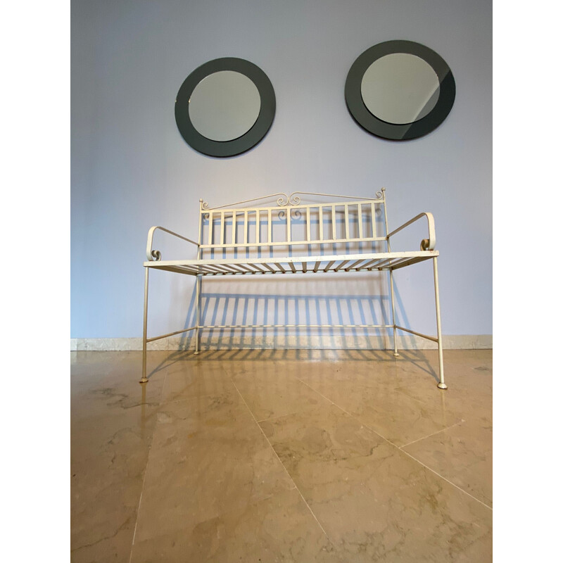 Vintage Wrought iron garden bench in white color, Italy 1970s