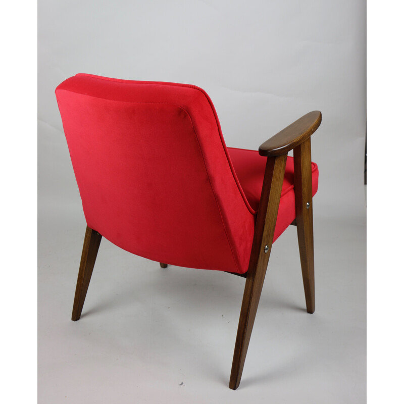 Vintage Red Velvet 366 Lounge Chair by Józef Chierowski 1970s