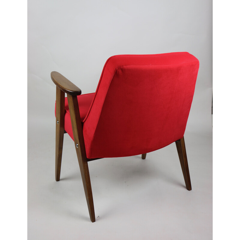 Vintage Red Velvet 366 Lounge Chair by Józef Chierowski 1970s