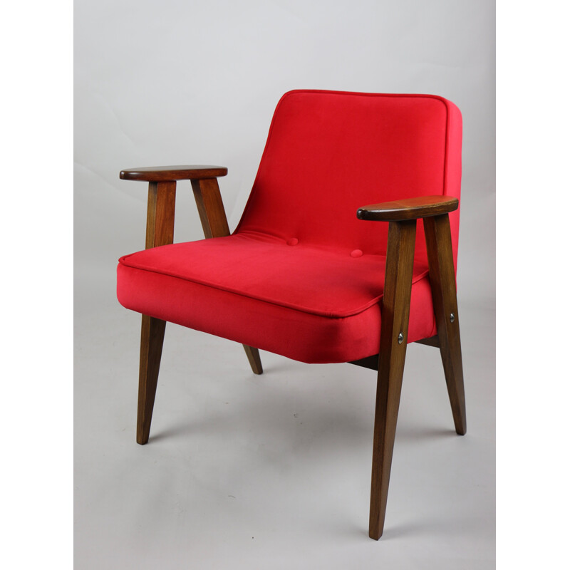 Vintage Red Velvet 366 Lounge Chair by Józef Chierowski 1970s