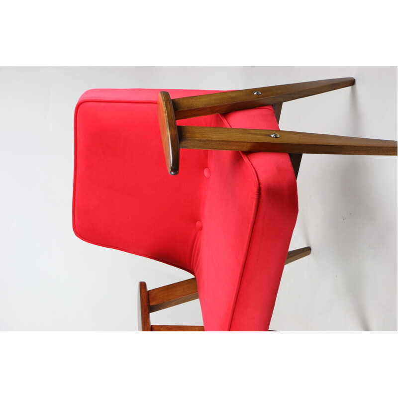 Vintage Red Velvet 366 Lounge Chair by Józef Chierowski 1970s