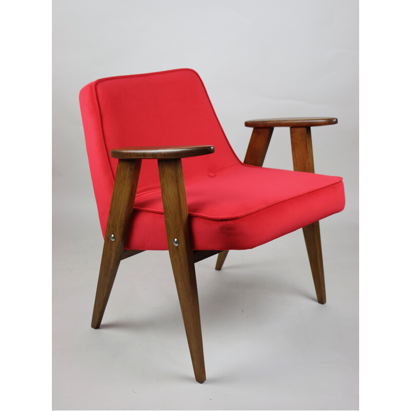 Vintage Red Velvet 366 Lounge Chair by Józef Chierowski 1970s