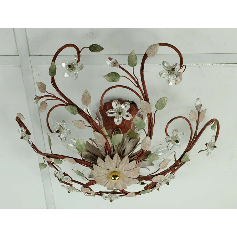 Vintage ceiling fixture florentine lamp metal crystal glass blossoms hollywood regency, Italy 1970