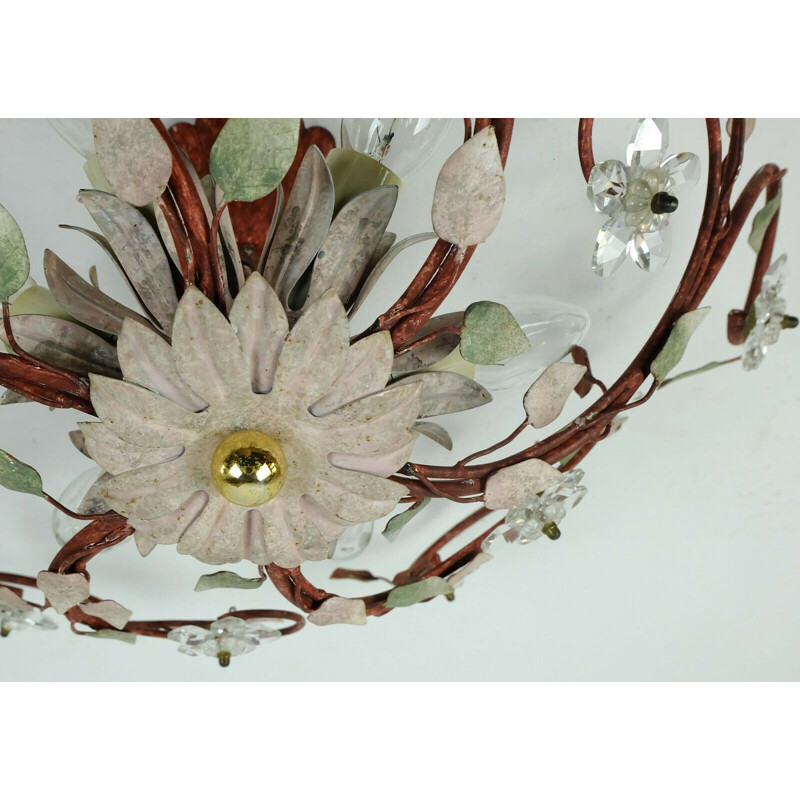 Vintage ceiling fixture florentine lamp metal crystal glass blossoms hollywood regency, Italy 1970