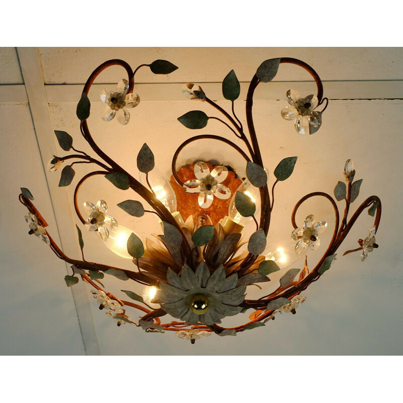 Vintage ceiling fixture florentine lamp metal crystal glass blossoms hollywood regency, Italy 1970