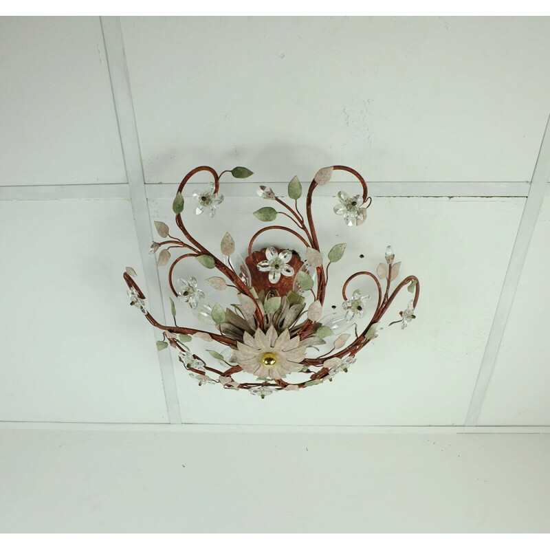 Vintage ceiling fixture florentine lamp metal crystal glass blossoms hollywood regency, Italy 1970