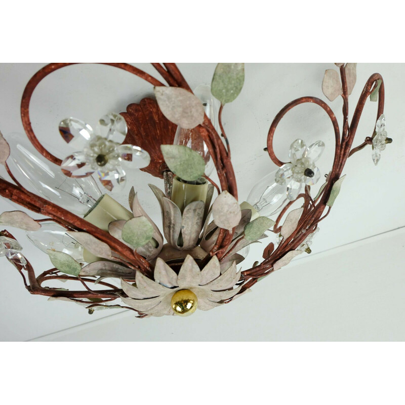 Vintage ceiling fixture florentine lamp metal crystal glass blossoms hollywood regency, Italy 1970