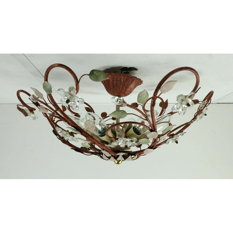 Vintage ceiling fixture florentine lamp metal crystal glass blossoms hollywood regency, Italy 1970