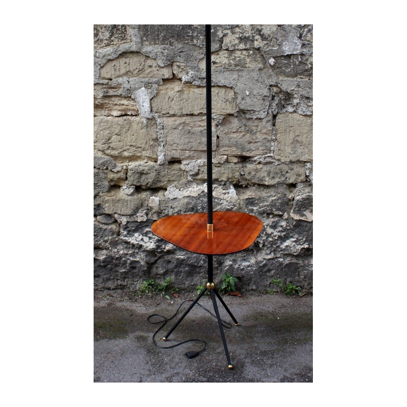 French tripod floor lamp with table in woven fabric and wood, Jean ROYERE - 1950s