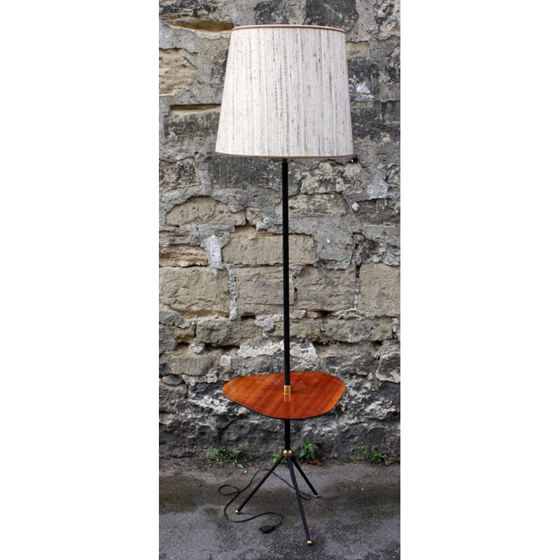 Lampadaire français avec tablette en tissu tissé et bois, Jean ROYERE - 1950