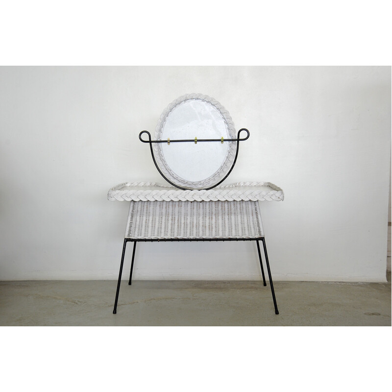 Vintage metal and woven rattan dressing table and its cane chair 1950s