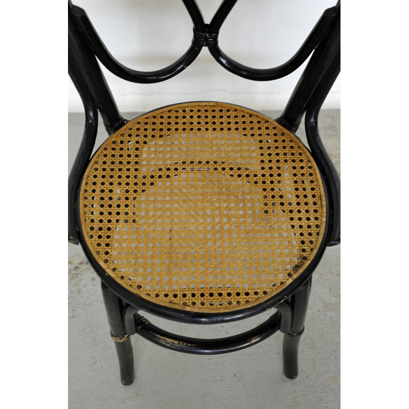 Coiffeuse vintage en métal et rotin tressé et sa chaise cannée 1950