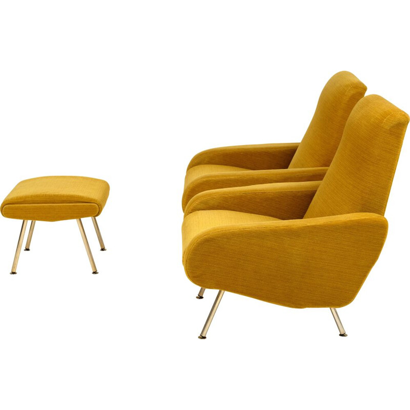 Pair of vintage armchairs and Troika footrest by P. Guariche for Airborne 1950s