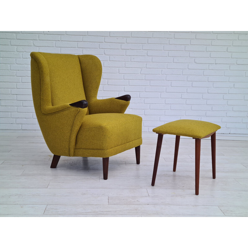 Vintage armchair with stool furniture wool, Danish 1960s