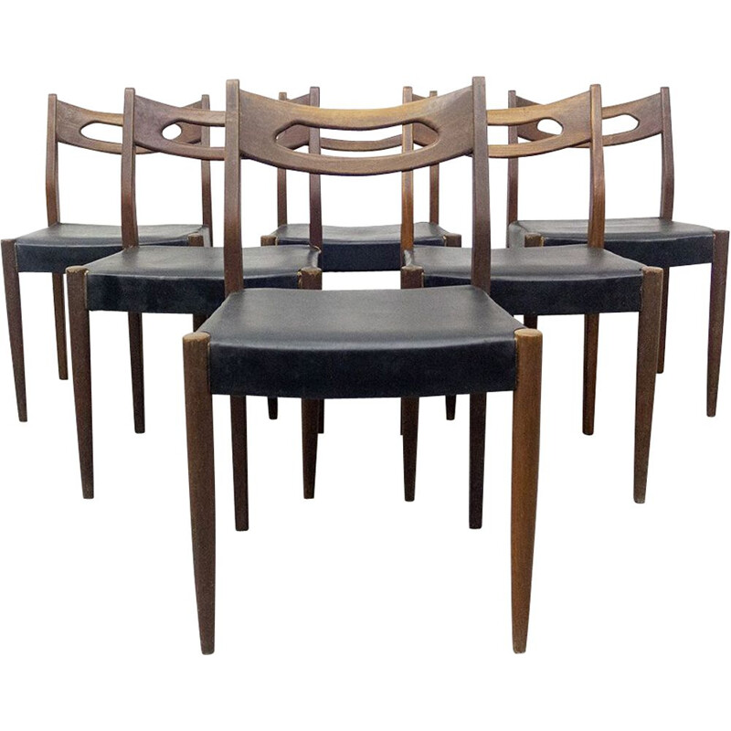 Set of 6 vintage Teak and Leatherette Chairs, Scandinavian 1950s