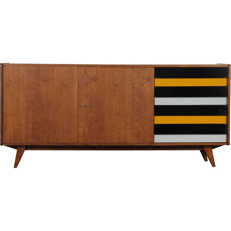 Vintage wooden sideboard with yellow and black drawers by Jiri Jiroutek 1960s