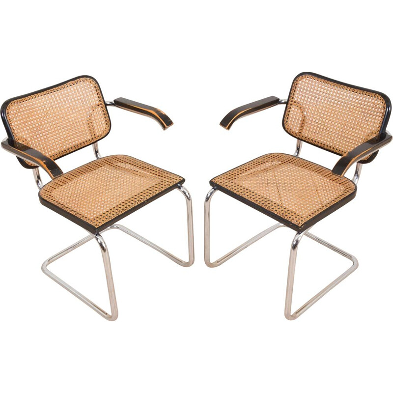 Pair of vintage B64 Cesca Armchairs with armrests by Marcel Breuer for Gavina 1970s