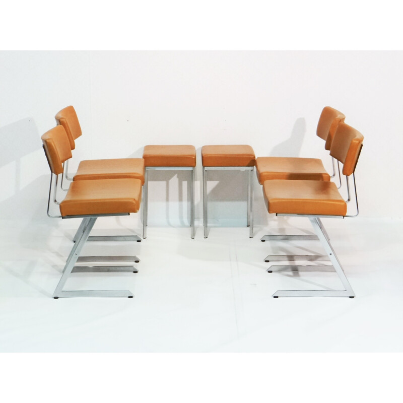 Set of dining chairs and stool in steel and cognac leather - 1970s