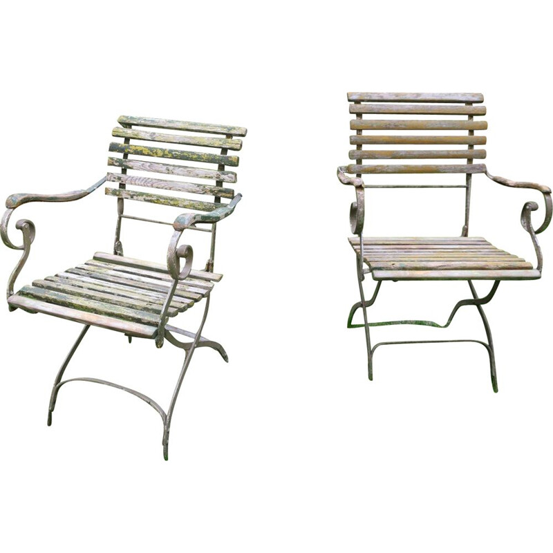 Pair of vintage Cast Iron Patinated Garden Armchairs with Scroll Arms