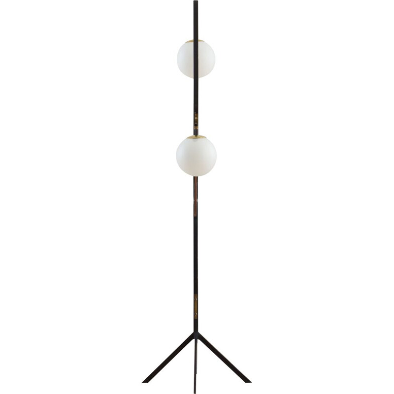 Vintage geometric floor lamp to Stilnovo mahogany brass and opaline glass, Italian