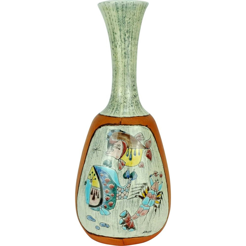 Vintage leather covered coccio vase hand painted motif fantoni era, Italian 1950s