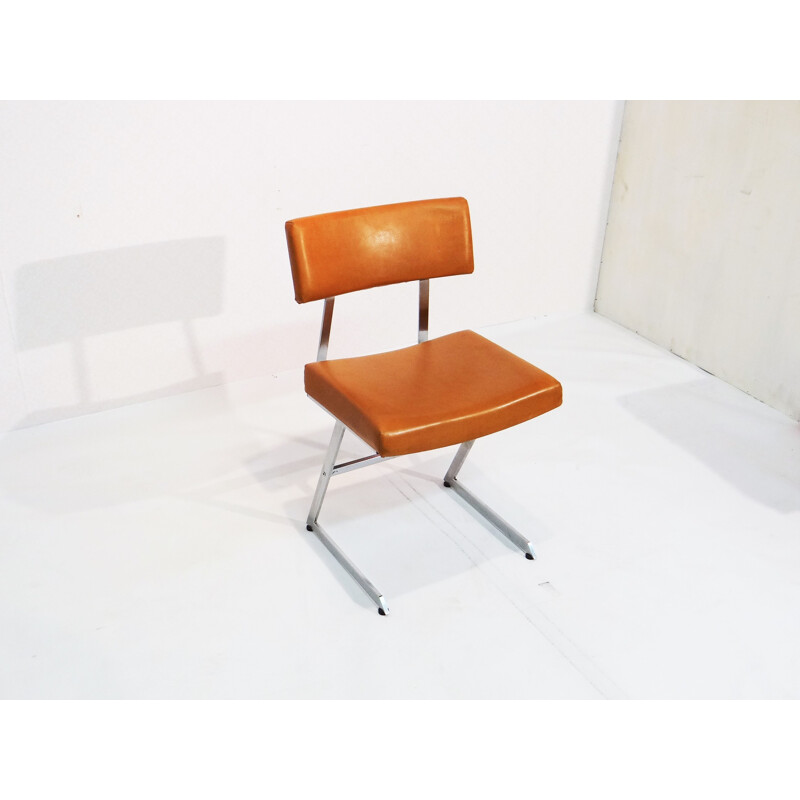 Set of dining chairs and stool in steel and cognac leather - 1970s
