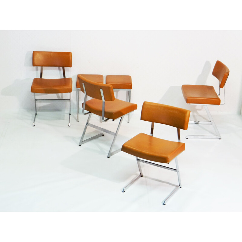 Set of dining chairs and stool in steel and cognac leather - 1970s