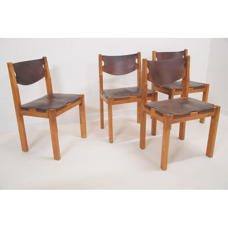 Set of 4 vintage minimalist leather chairs 1870s