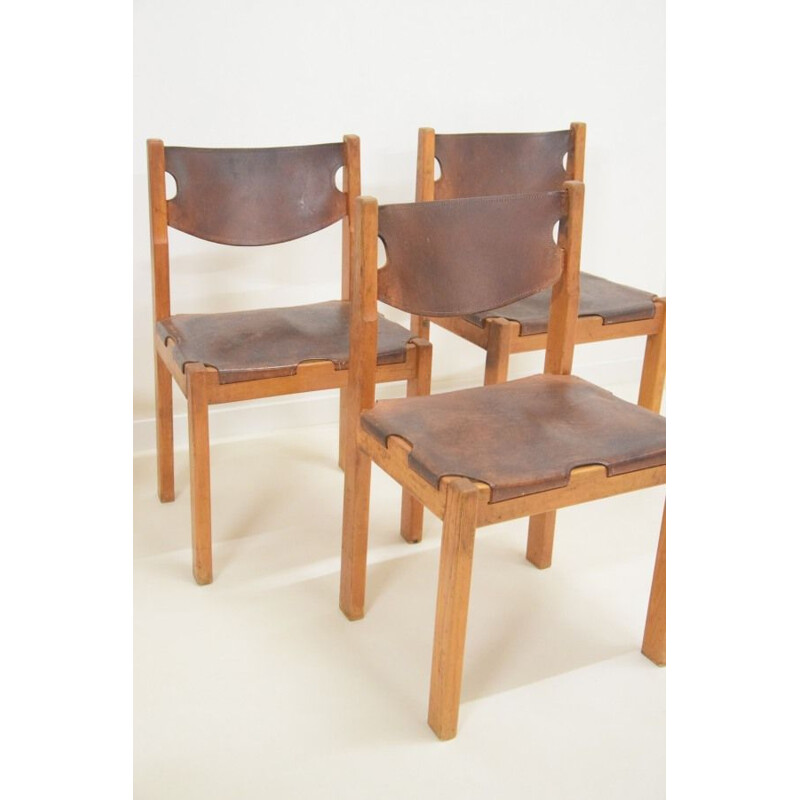 Set of 4 vintage minimalist leather chairs 1870s