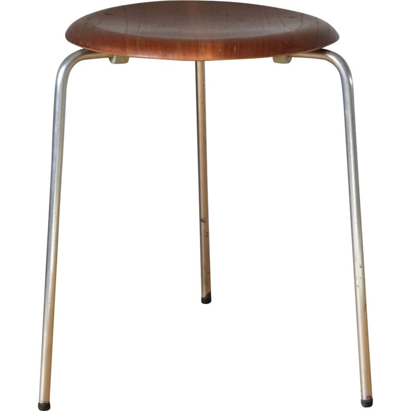 Vintage 3 Dot stool in teak and metal by Arne Jacobsen for Fritz Hansen 1950s