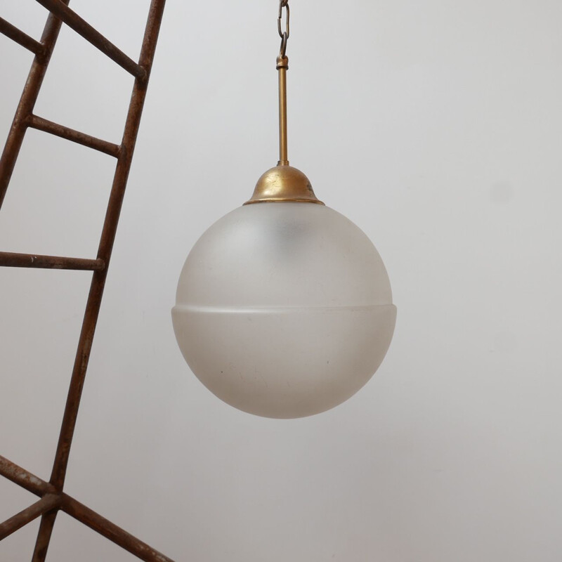 Vintage Etched Glass and Brass Pendant Light, Holland 1960s