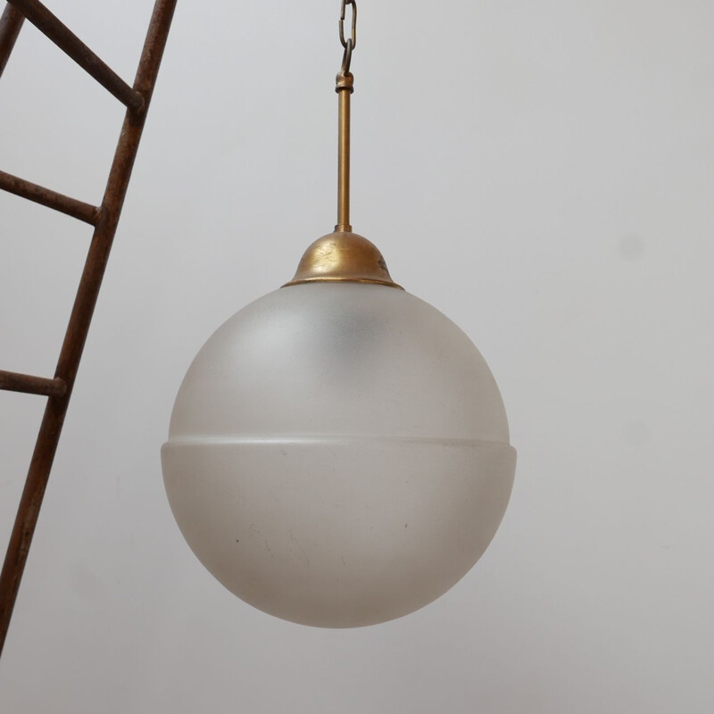 Vintage Etched Glass and Brass Pendant Light, Holland 1960s