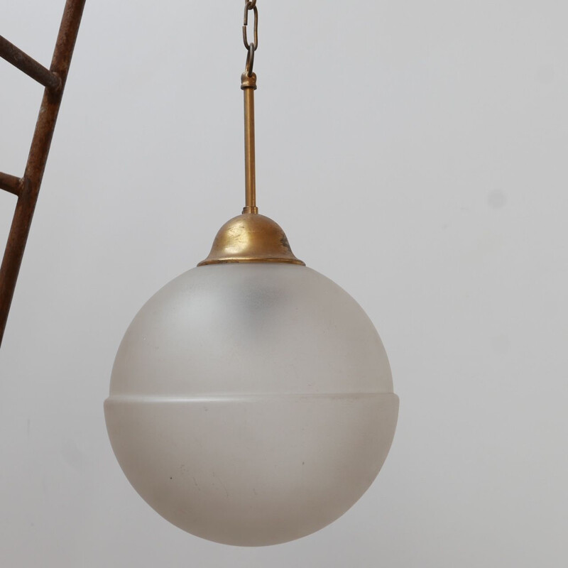 Vintage Etched Glass and Brass Pendant Light, Holland 1960s