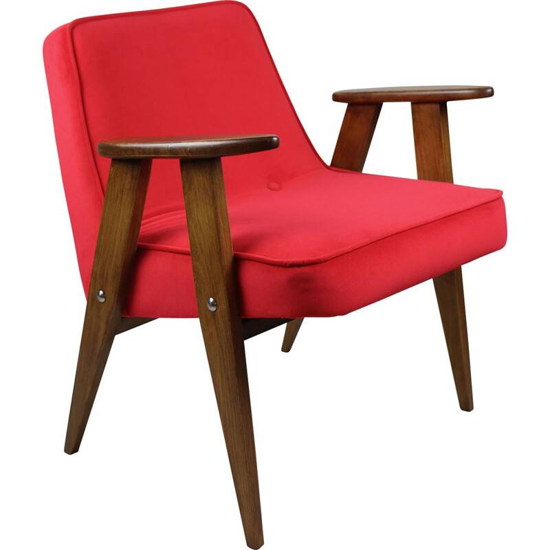 Vintage Red Velvet 366 Lounge Chair by Józef Chierowski 1970s
